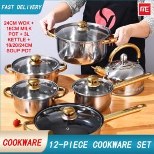 12PCS -set Stainless Steel Set Non Stick Cookware Flat Bottom Frying Pan Soup Pot Milk Pot Kettle