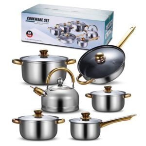 12PCS -set Stainless Steel Set Non Stick Cookware Flat Bottom Frying Pan Soup Pot Milk Pot Kettle