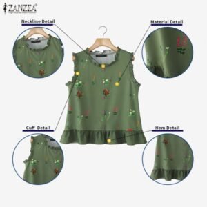 ZANZEA Women Korean Retro Pastoral Style Round Neck Floral Prints Sleeveless Ruffles Hem Blouses