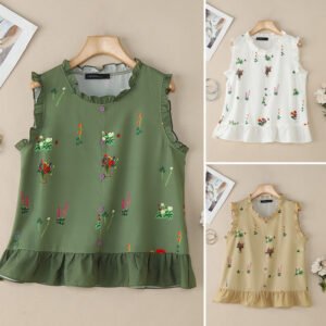 ZANZEA Women Korean Retro Pastoral Style Round Neck Floral Prints Sleeveless Ruffles Hem Blouses