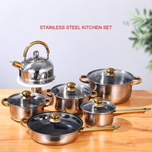 12PCS -set Stainless Steel Set Non Stick Cookware Flat Bottom Frying Pan Soup Pot Milk Pot Kettle